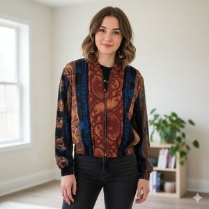 Vintage Kensington Square Paisley Bomber Jacket Size P/M Blue And Brown